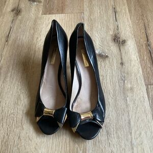 Gold and Black Peep-Toe Heels with Low Heel